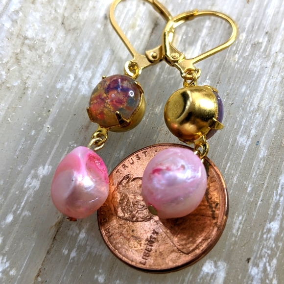 Pink Fire Opal & Freshwater Pink Baroque Pearls in 14K Gold Plated Drop Earrings - Picture 5 of 6